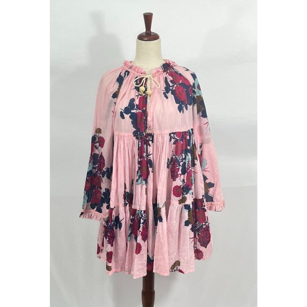 YVONNE S Sz S Small Pink Navy Floral Short Mini Hippy Dress